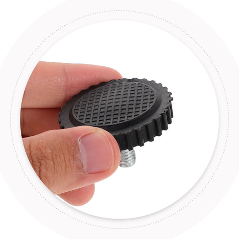 Heavy Duty M8 Screw On Rubber Furniture Levelers Four Pack With Solid Floor Grip Anti Slip Glides For Tables Cabinets And Chairs No Sweat DIY Install For Big Time Protection showing a close-up of a rubber leveler with screw.