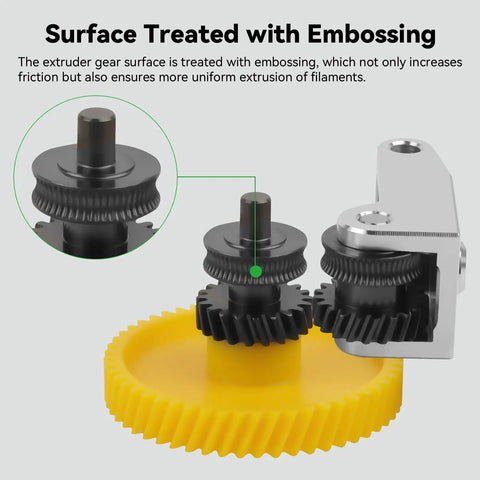 Hardened Steel Extruder Gear for P1 Series 3D Printers with embossed surface next to yellow gear enhancing filament flow efficiency.