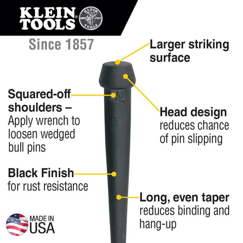 Forged Broad-Head Bull Pin 1-1/16 Inch with heat-treated steel, black finish, angled head, labeled features, Made in USA.