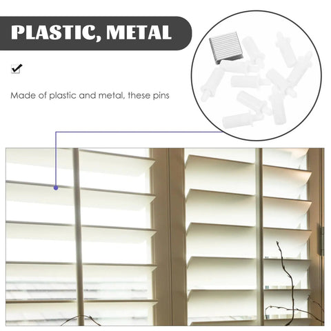 Plantation Shutter Repair Kit with 0.6 Inch Replacement Pins for Blinds shows white plastic pins and metal staples for smooth operation.