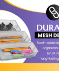 Silver Mesh Desk Organizer Bins For Office And Home Must Have Metal Wire Drawer Cabinet Shelves Caddy Rust Resistant Storage Bins Set 3 By 6 By 2 Inch with contents