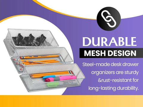 Silver Mesh Desk Organizer Bins For Office And Home Must Have Metal Wire Drawer Cabinet Shelves Caddy Rust Resistant Storage Bins Set 3 By 6 By 2 Inch with contents