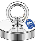 Neodymium Fishing Magnet 350 Lb Pull With Countersunk Hole Eyebolt, 2-inch diameter, stainless steel, rare earth design