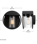Weatherproof Matte Black 1 Light Indoor Outdoor Wall Sconce With Seeded Glass Shade E26 Base dimensions and side view
