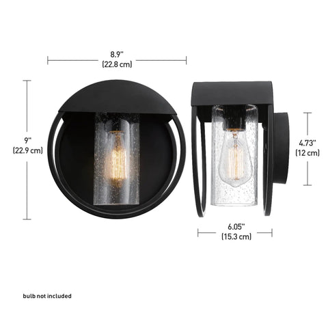 Weatherproof Matte Black 1 Light Indoor Outdoor Wall Sconce With Seeded Glass Shade E26 Base dimensions and side view