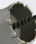 Close-up of 3 Inch Tungsten Carbide Tipped Hole Cutter With Triple Edge Cutting System showing drill bit