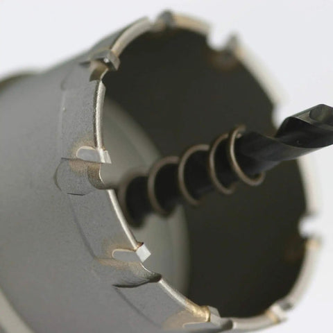 Close-up of 3 Inch Tungsten Carbide Tipped Hole Cutter With Triple Edge Cutting System showing drill bit