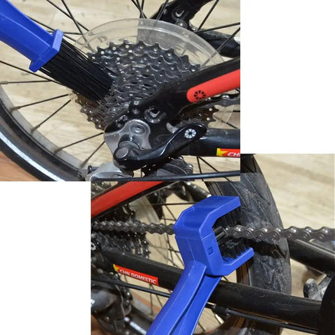 All In One 3 Piece Bike And Motorcycle Chain Cleaner Set With Degreaser Brush cleaning bicycle chain with blue tool