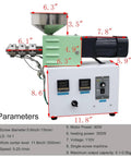 Straight Up Solid 3D Printer Filament Recycler Machine With Super Slick Thermal Controls For Big Time Material Savings On Customizable PLA And ABS Plastic Extrusion with measurements on display.