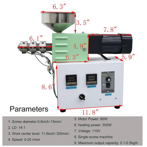 Straight Up Solid 3D Printer Filament Recycler Machine With Super Slick Thermal Controls For Big Time Material Savings On Customizable PLA And ABS Plastic Extrusion with measurements on display.
