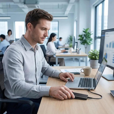Man using 2TB Go-To External SSD Drive For Photos And Videos With USB 3.1 Type-C at a desk, connected to a laptop.