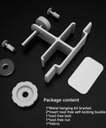 Package contents of No Drill Mount Bracket For Chamberlain Garage Door Opener, showing metal bracket, bolts, and double-sided tape.