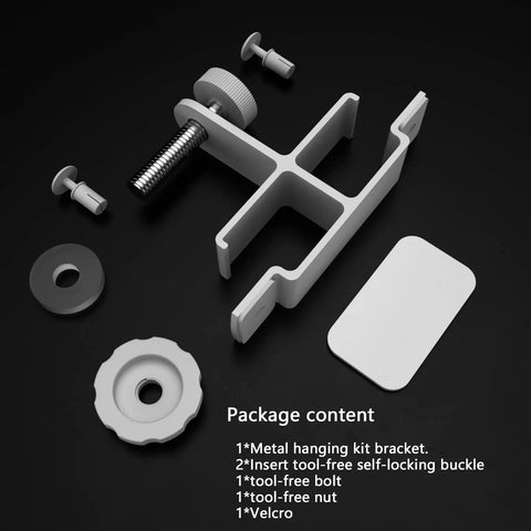 Package contents of No Drill Mount Bracket For Chamberlain Garage Door Opener, showing metal bracket, bolts, and double-sided tape.