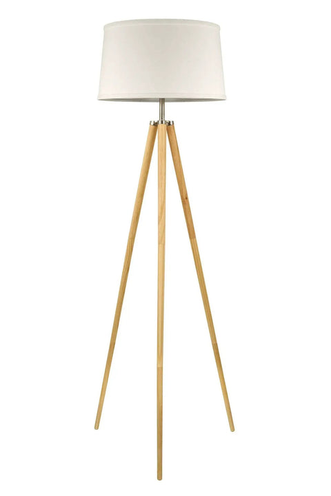 Mid Century Inspired Tripod Floor Lamp With Energy Efficient LED Bulb Natural Wood Legs And White Shade 60.5 Inch Tall Modern Living Room Lighting For A Cozy Vibe And Home Ambience