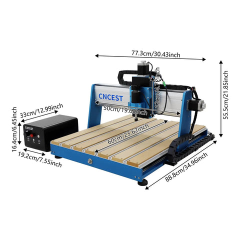Heavy Hitting 3 Axis CNC Router Machine With 500W Air Cooled Spindle for precision wood acrylic plastic carving cutting, dimensions shown.