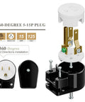 Right Angle NEMA 5 15P 15A 125V AC Plug with ETL Certification, easy assembly, black nylon body, copper pins, shown in parts.