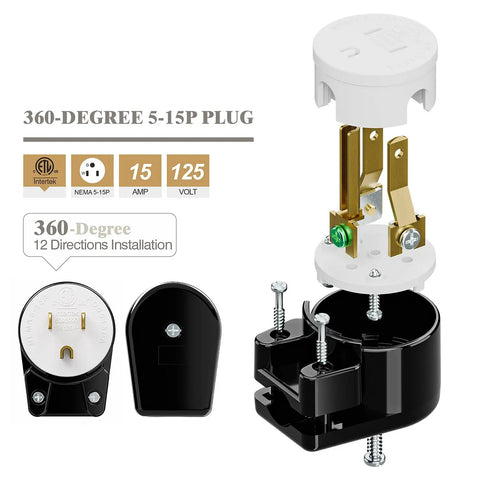 Right Angle NEMA 5 15P 15A 125V AC Plug with ETL Certification, easy assembly, black nylon body, copper pins, shown in parts.