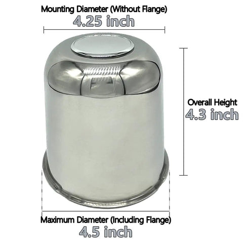 Four Pack 4.25 Inch Center Caps Push Through For Trailer Truck RV Wheel Rims Chrome Stainless Steel Center Bore Anti Rust