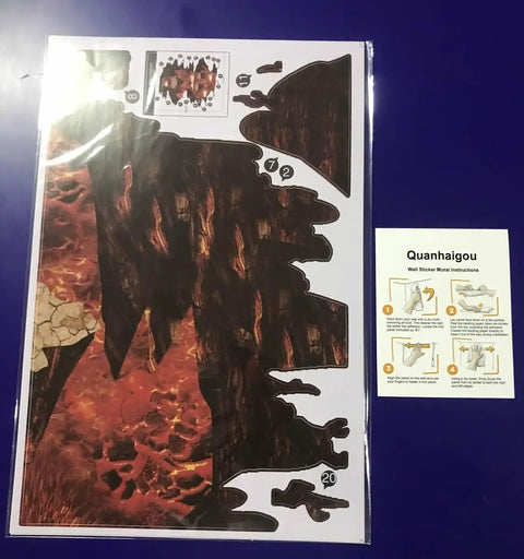Epic 3D Volcano Wall Decals Kit With Fire And Lava Effect packaging showing printed sheets and instruction guide