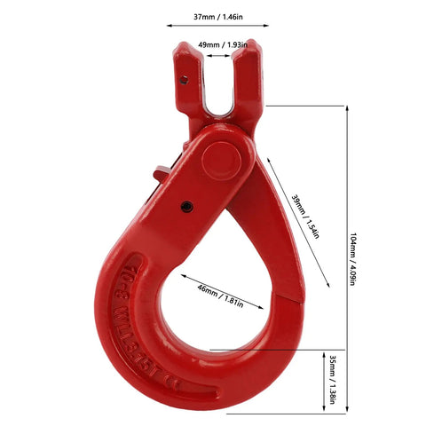 G80 Alloy Steel Clevis Slip Hook With Locking Pin, Heavy Duty 3.15 Ton Load Limit, red hook with dimensions shown