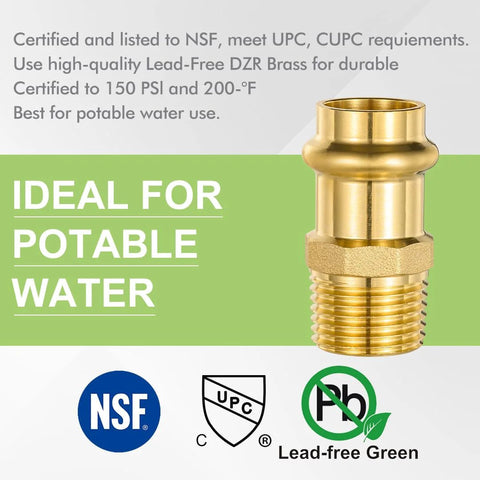 Brass Propress 1/2 in x 1/2 in MNPT male adapter fitting; EPDM O-ring; NSF/UPC logos visible