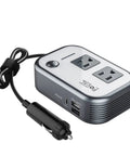 Beast Mode Compact Car Power Inverter Step Up Dc Twelve Volt To One Hundred Eleven V Using Twenty Seven Watt Pd Usb C and Dual USB Ports for Tech Gadgets and Road Trips Quick Plug In Solid Voltage Booster Deal on a grey portable inverter with dual outlets.