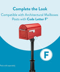 Boulder Post Mounted Mailbox 7900-7R-SR Red Built Tough All Weather Galvanized Steel on black stand, compatible posts diagram.
