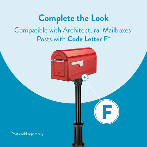Boulder Post Mounted Mailbox 7900-7R-SR Red Built Tough All Weather Galvanized Steel on black stand, compatible posts diagram.