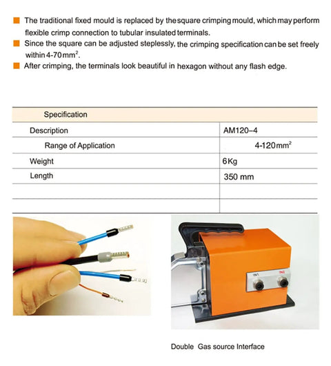 Top Rated AM-10 Electric Pneumatic Terminal Crimping Machine With 9 Precision Dies For Secure Wire Connections, showing adjustable crimping with wires.