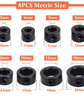 Split Ring Drill Bit Stop Collar Set Depth Stop Kit With Eight Imperial Sizes 1/8 Inch To 1/2 Inch And Eight Metric Sizes 3mm To 16mm Allen Wrench Included Locks In Place For Precise Drilling 8PCS Metric Size showing different sizes