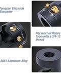 Aluminum TIG Tungsten Electrode Sharpener with Cut Off Slot, multi angle offsets, featuring brass screw holes and CNC design.