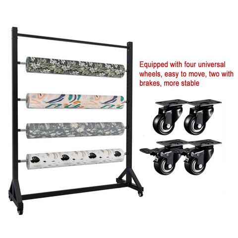 Heavy Duty Rolling Fabric Display Rack With Adjustable Cloth Roll Poles And Casters showcasing four patterned rolls and durable wheels.