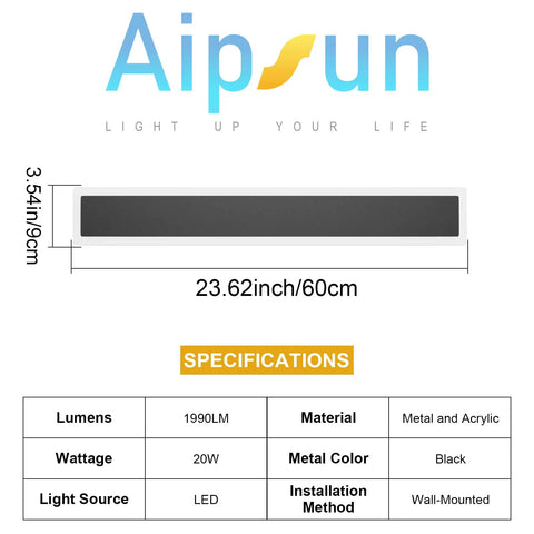 Aipsun 2 Packs Outdoor Wall Sconce, 3000K 4000K 6000K, 23.6in black LED linear wall light specifications image.