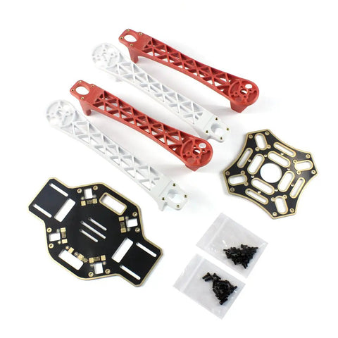 DIY FPV Quadcopter Kit With F450 Frame And PX4 Flight Controller components, including red and white arms and mounting plates.