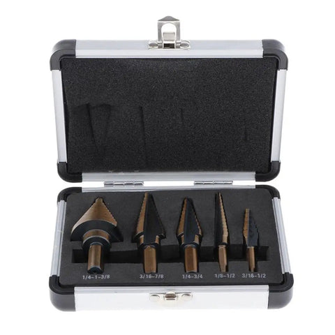 Pro Multi Size Step Drill Kit 5 Piece Hss With Cool Spiral Flute Design For Clean Holes And Less Heat Buildup To Get Your Metal Or Plastic Drilling Projects Done Fast And Super Tough., 5 HSS step drill bits in case, 1/4 to 1-3/8