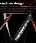 Close-up of Di2 Full Carbon Road Bike frame showing brand design and geometry innovations in black and red color.