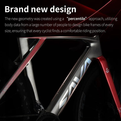 Close-up of Di2 Full Carbon Road Bike frame showing brand design and geometry innovations in black and red color.