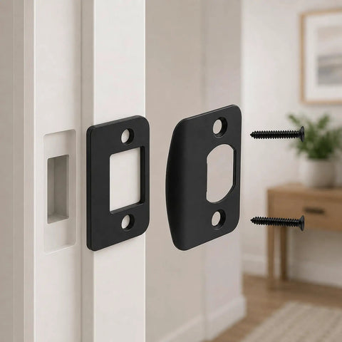 Universal Door Strike Shim Kit, three black stainless steel spacer plates and screws on a door frame.
