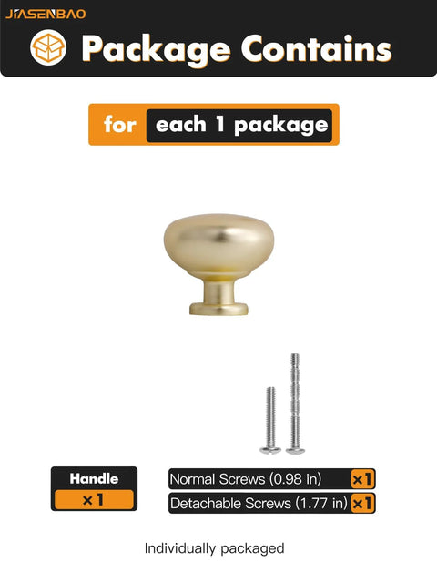 Package contents of Brushed Gold Cabinet Knobs Round Brass Drawer Pulls Zinc Alloy 2 Pack with screws for installation.