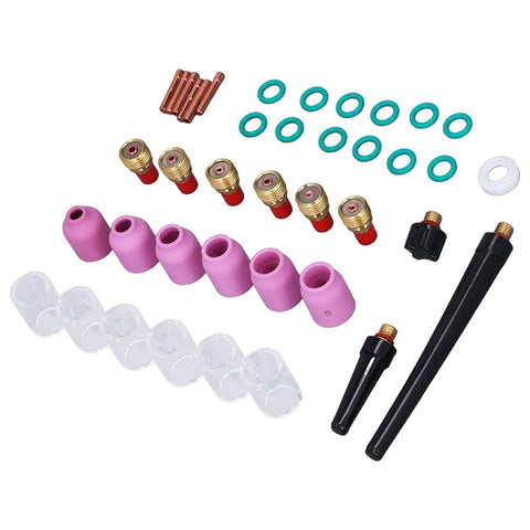 40 Piece Welding Torch Accessories Kit Featuring Collets Alumina Nozzles Gas Lens And Ceramic Cups For Wp 9 20 25 Series, featuring pink ceramic cups and copper nozzles.