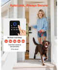 Matte Black Keyless Entry Door Lock Set Featuring Keypad Deadbolt With Smooth Lever Handles Electronic Safety Bolt Easy Code Entry For Front Doors, auto-lock feature shown with woman and dog.