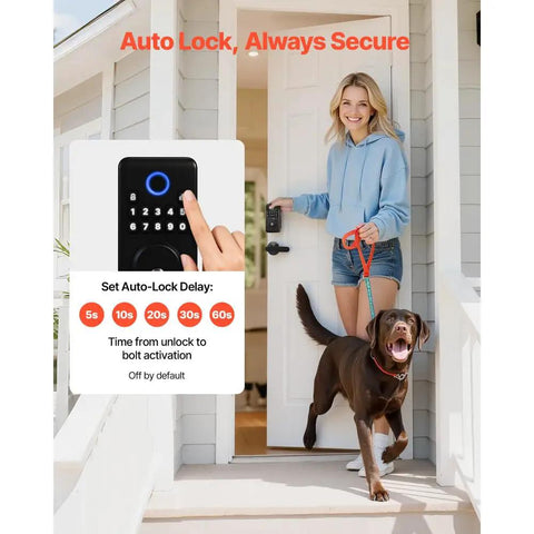 Matte Black Keyless Entry Door Lock Set Featuring Keypad Deadbolt With Smooth Lever Handles Electronic Safety Bolt Easy Code Entry For Front Doors, auto-lock feature shown with woman and dog.