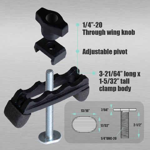 Multi Position T Track Hold Down Clamps Set With 1/4-20 T Track Bolts showing components, size, and adjustable pivot details