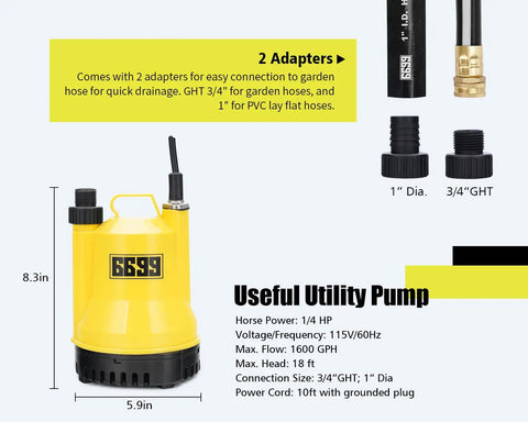 Submersible Water Pump One Quarter HP 1600 GPH Portable Thermoplastic Utility Pump Electric Transfer Pump With Ten Foot Cord