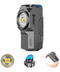 Rechargeable Mini EDC Flashlight With Magnet, Right Angle Design, Tiny But Mighty 800 Lumens, showing lens, magnet, and usage in hand.