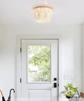 Boho Bohemia Wood Beaded Flush Mount Ceiling Light Three Light Fixture With White Finish in bright entryway