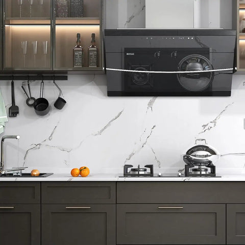 Modern kitchen with 24 By 200 Inch White Marble Peel And Stick Countertop Paper Self Adhesive Waterproof Removable Marble Wallpaper.