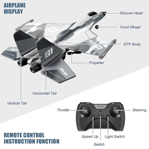 F22 Stealth RC Plane Raptor Remote Control Aircraft with labeled parts and remote controller for easy flying for beginners.