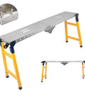 Heavy Duty Folding Alloy Steel Welding Table With Five Position Height Adjustment And Rock Solid 1100 Lb Capacity for tough garage builds, showing adjustable flat surface and wheels.