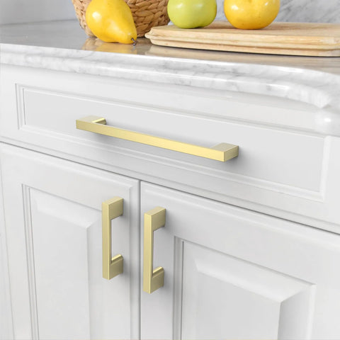 10 Pack 7.5 Inch Brushed Brass Cabinet Pulls For Kitchen Cabinets And Cupboards installed on white kitchen cabinets